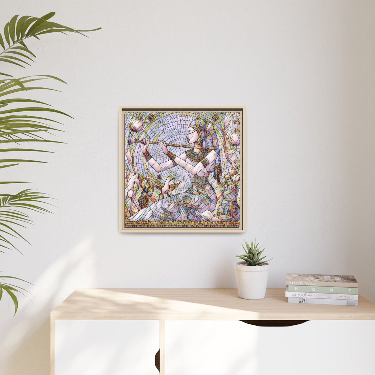 Egyptian Flute Player Framed Canvas Art — Colorful Mosaic Wall Decor