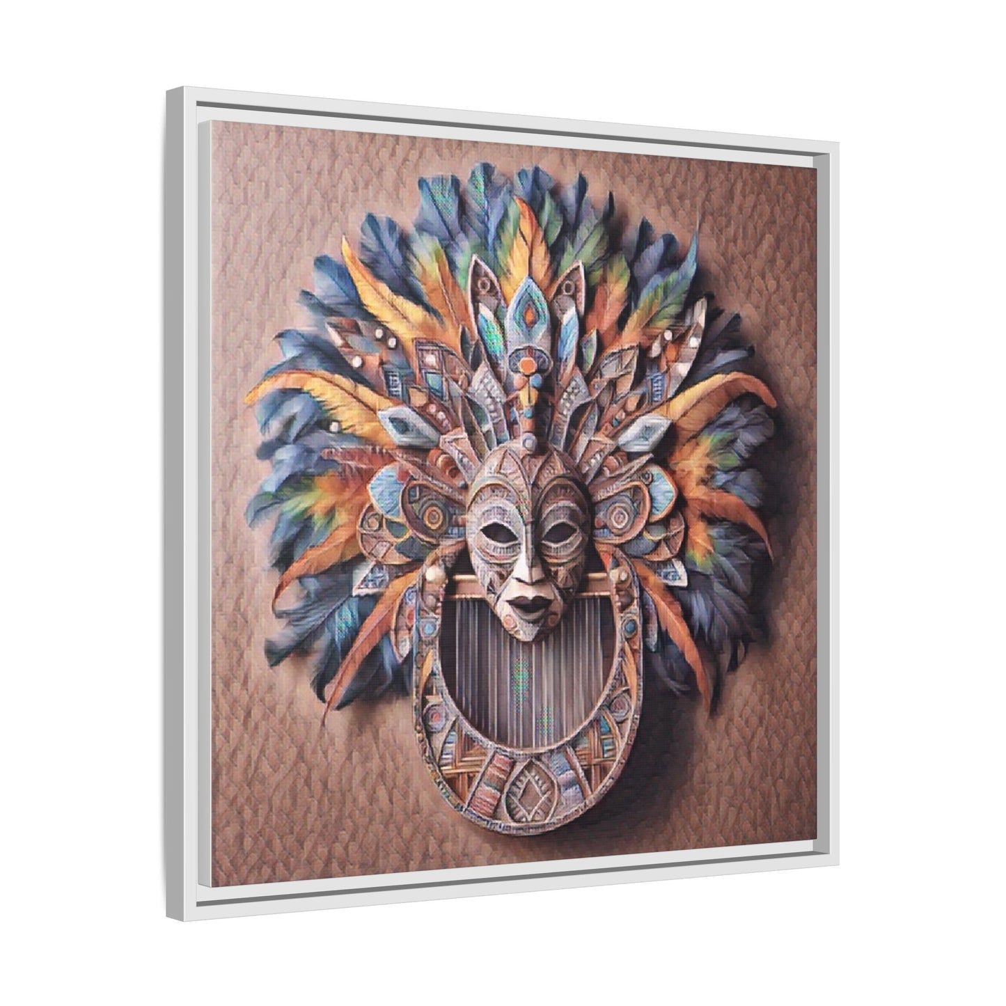Tribal Feather Mask Framed Canvas Wall Art — Colorful Boho Decorative Print