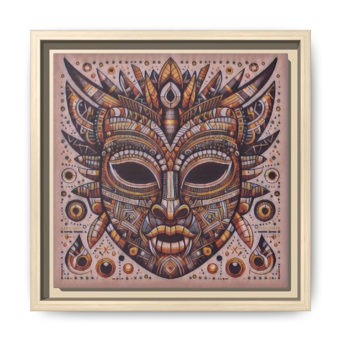 Tribal Mask Framed Canvas Art — Multicolor Matte Wall Decor