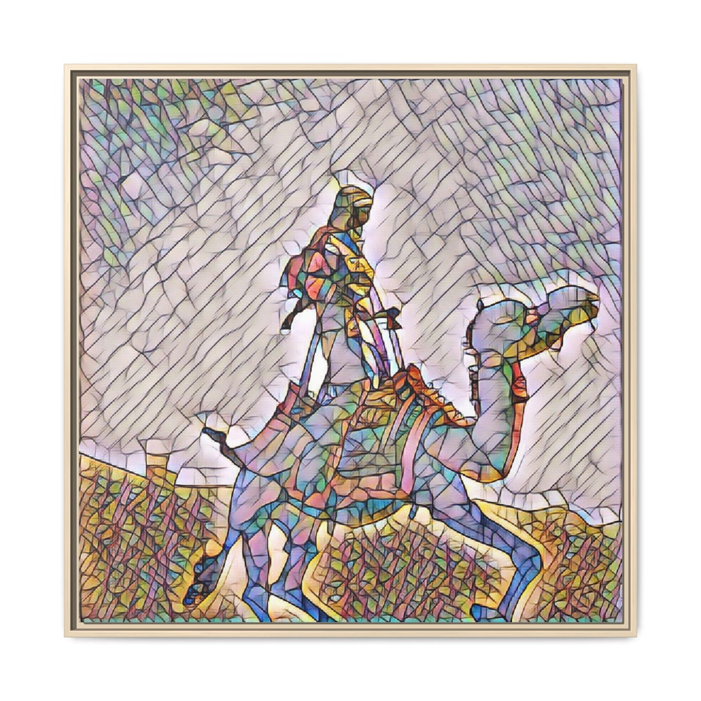 Framed Camel Rider Matte Canvas Art — Colorful Mosaic Desert Wall Decor