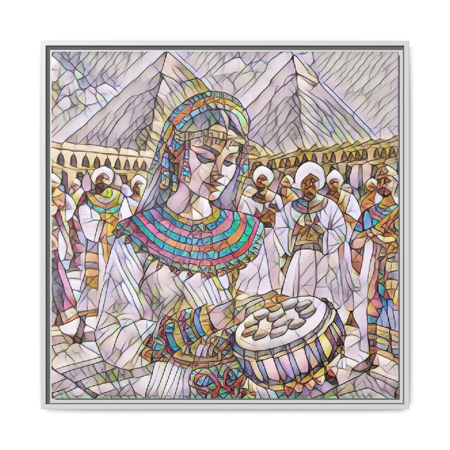Egyptian Drum Player Framed Canvas Art — Colorful Ancient Scene Wall Decor