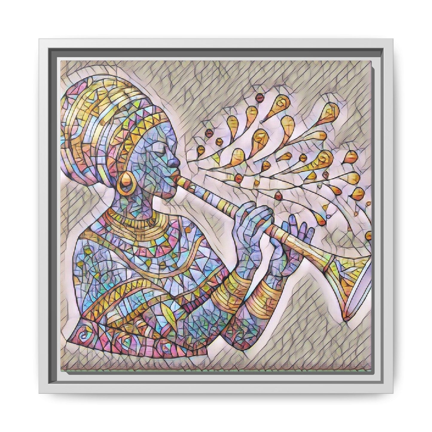 Framed Matte Canvas Art – Colorful African Musician Trumpet Print