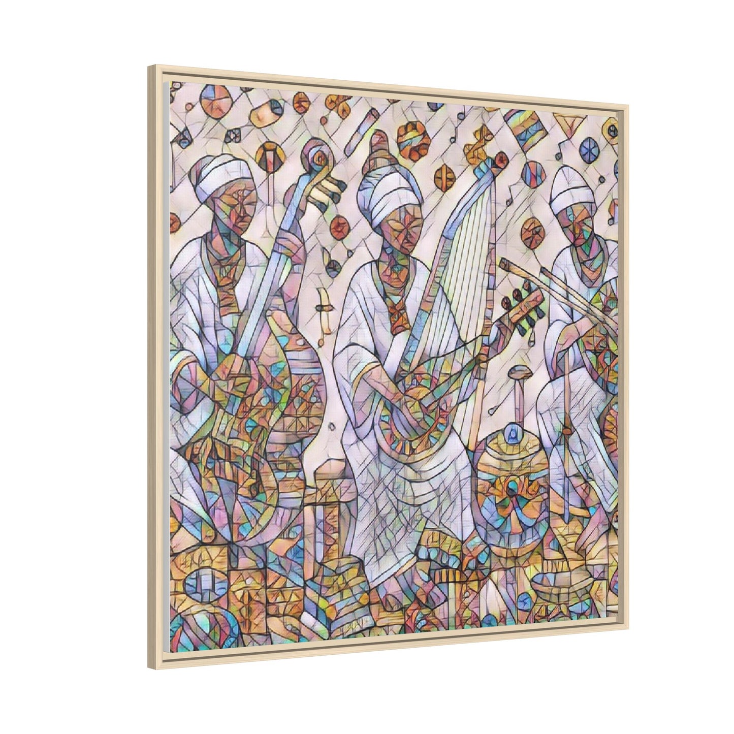 Framed Matte Canvas Print — Colorful African Musicians Stained-Glass Art