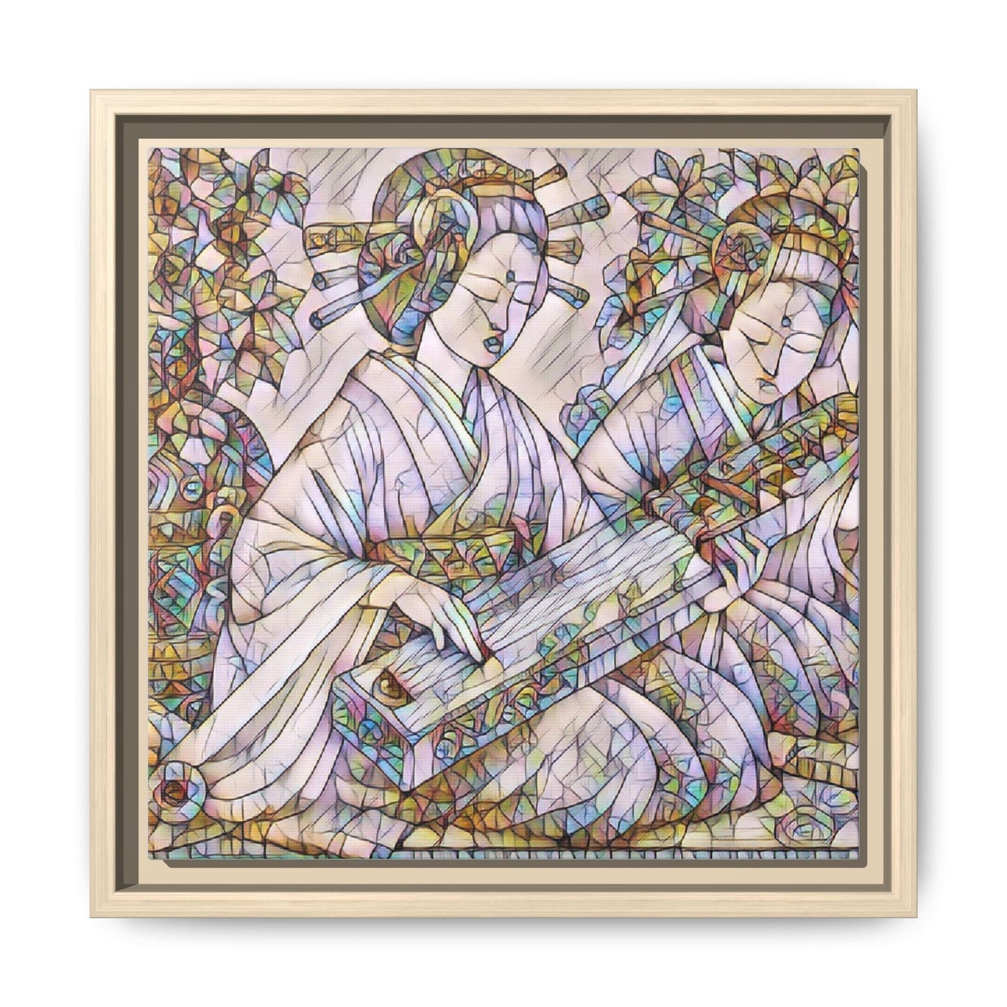 Framed Matte Canvas Print — Stained-Glass Geisha Duo