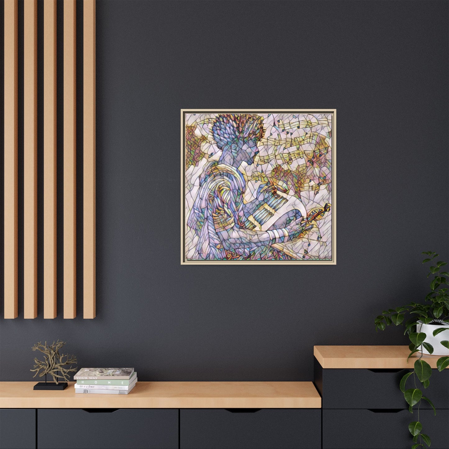 Abstract Jazz Musician Framed Canvas Art — Colorful Stained-Glass Style Wall Decor