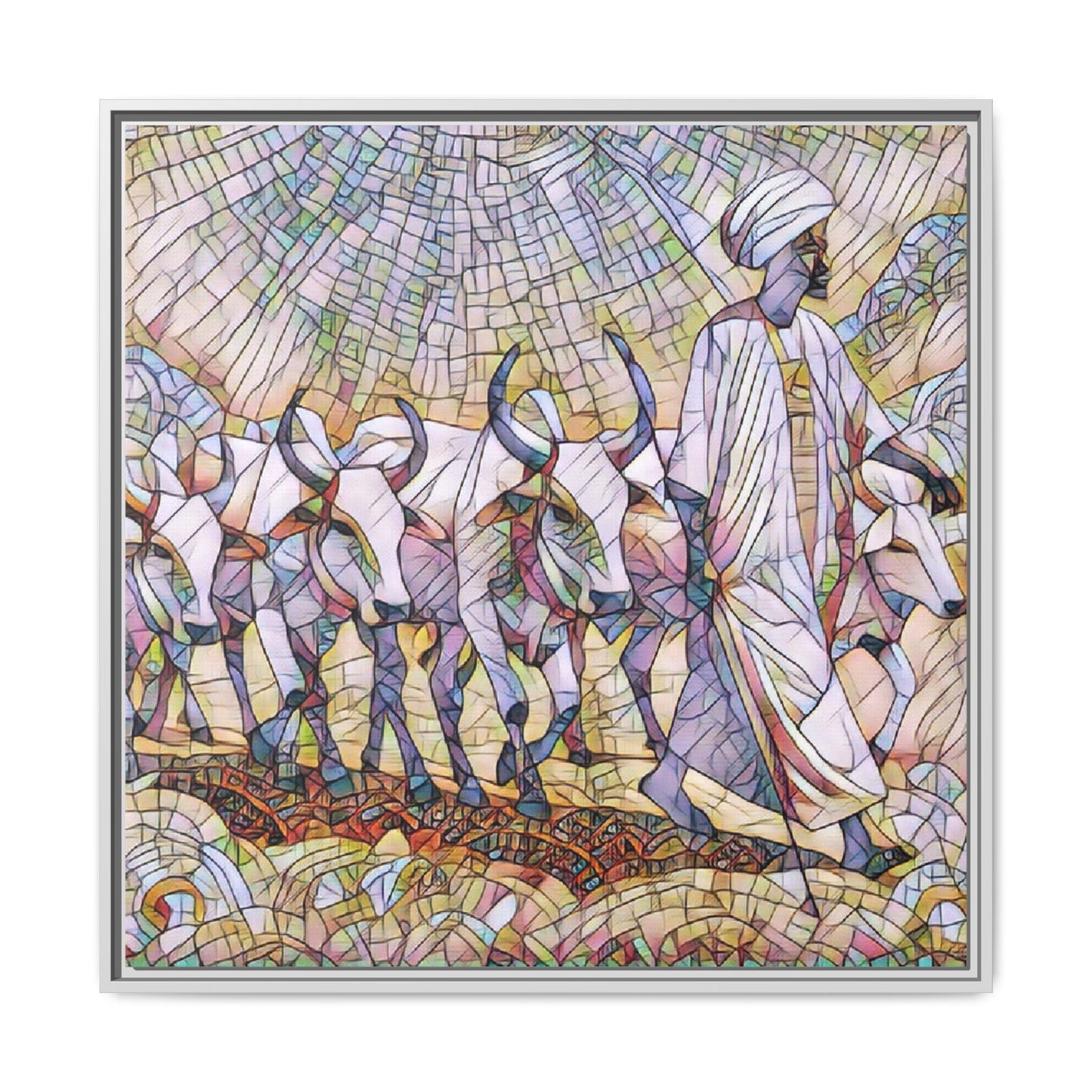 Framed Matte Canvas Art — African Herdsman Mosaic Print