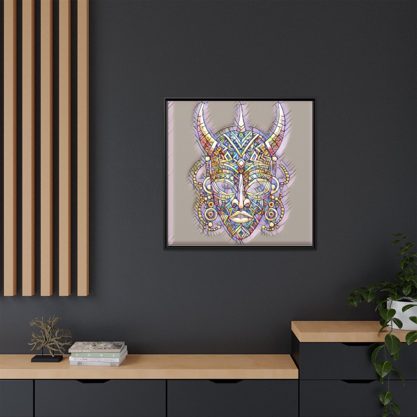 Colorful Tribal Mask Framed Canvas Art — Abstract Ethnic Wall Decor