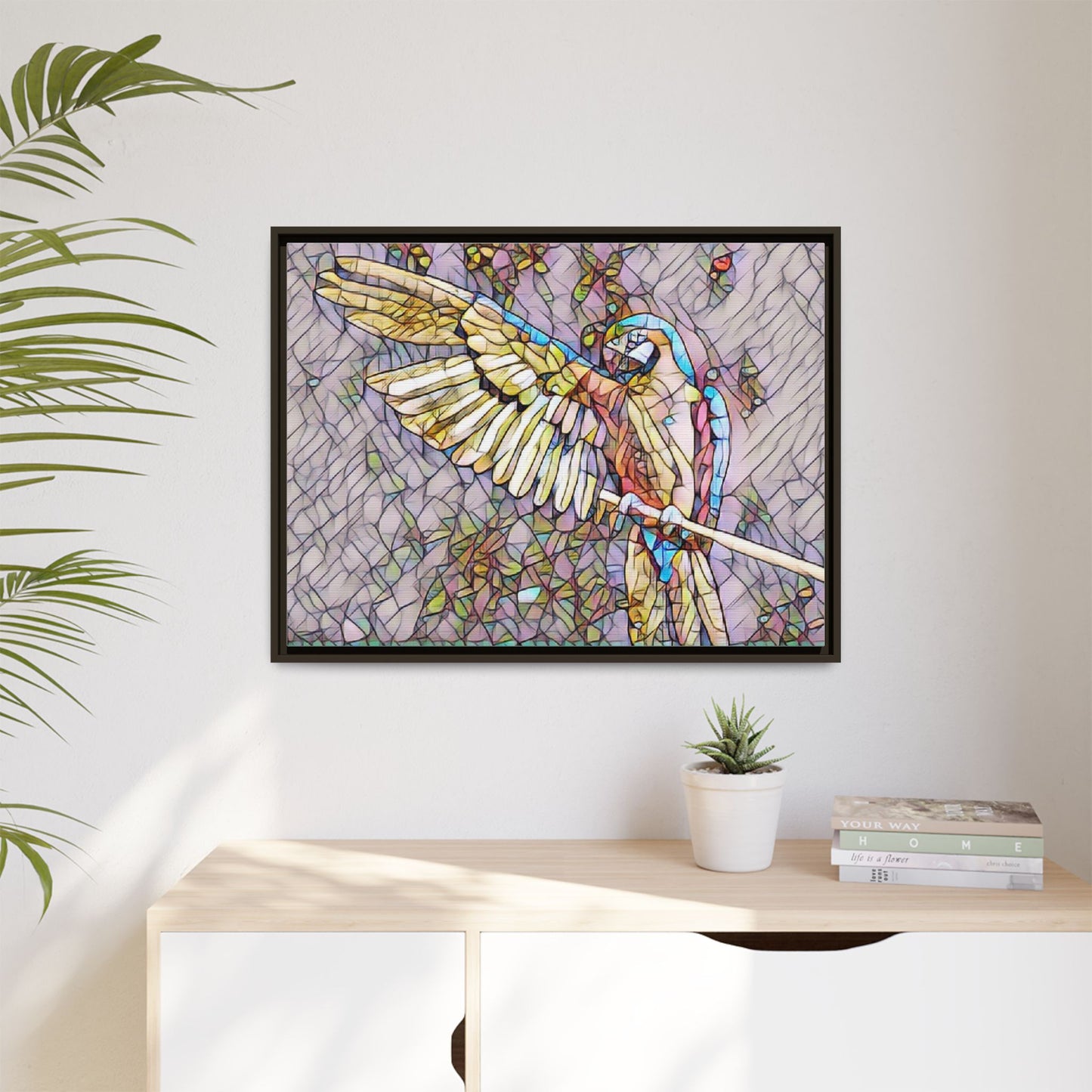 Framed Parrot Stained-Glass Art Print — Matte Canvas Wall Decor