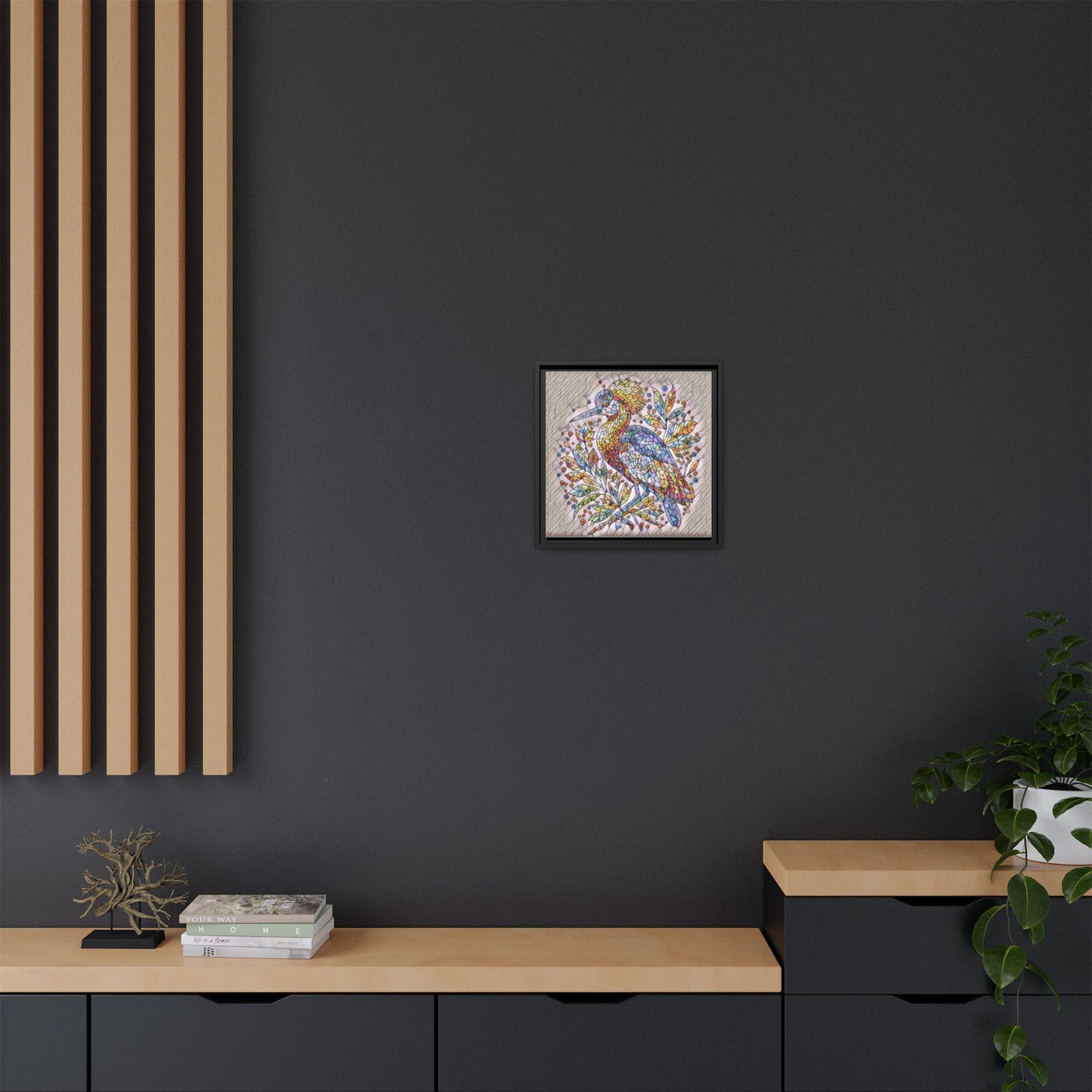 Colorful Stained-Glass Heron — Framed Matte Canvas Wall Art