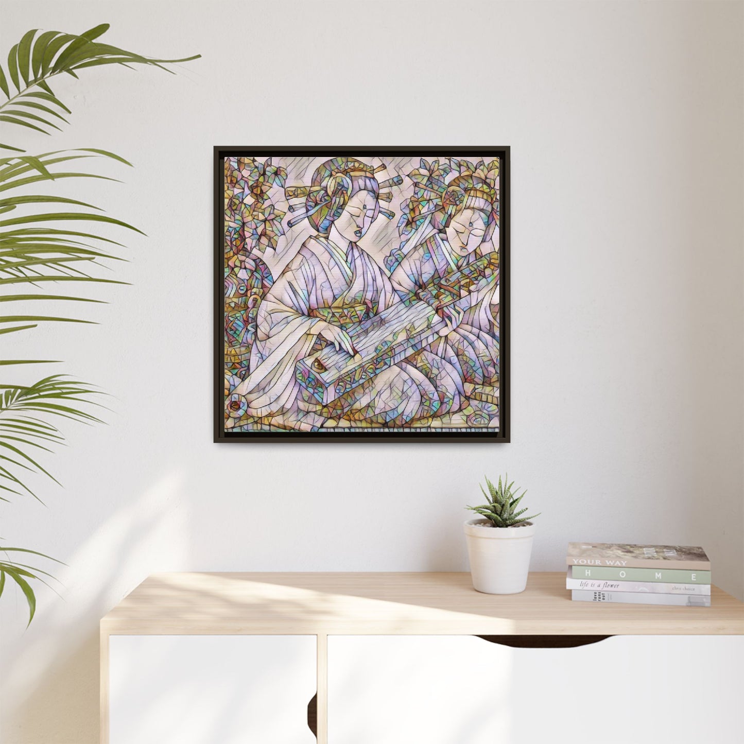 Framed Matte Canvas Print — Stained-Glass Geisha Duo