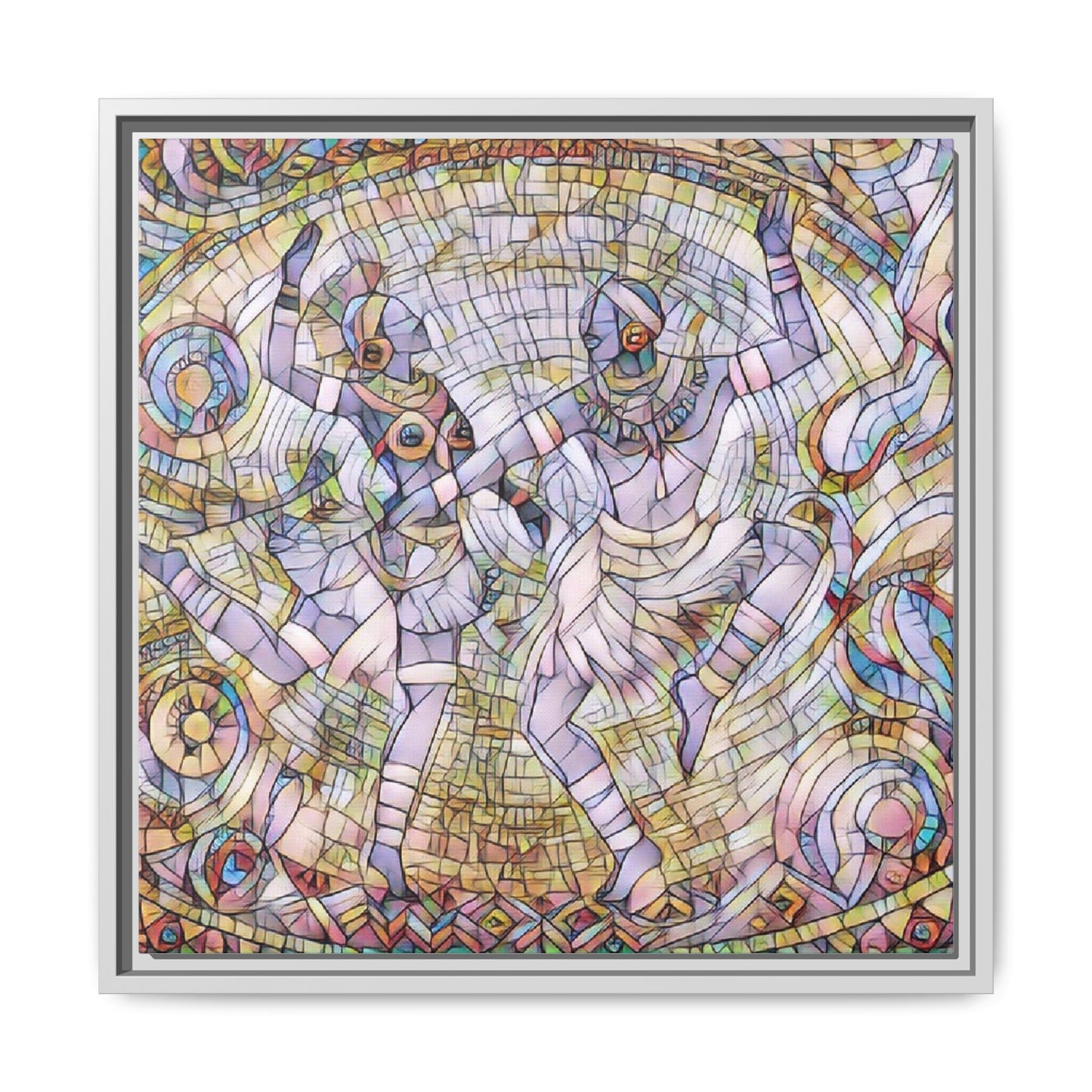 Abstract Dancers Matte Framed Canvas Wall Art — Multi‑Color Stained Glass Style