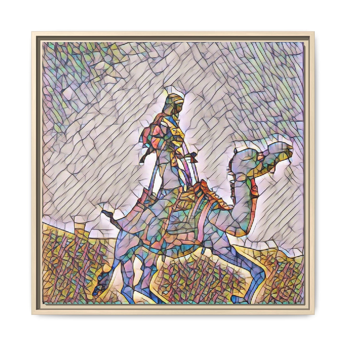 Framed Camel Rider Matte Canvas Art — Colorful Mosaic Desert Wall Decor
