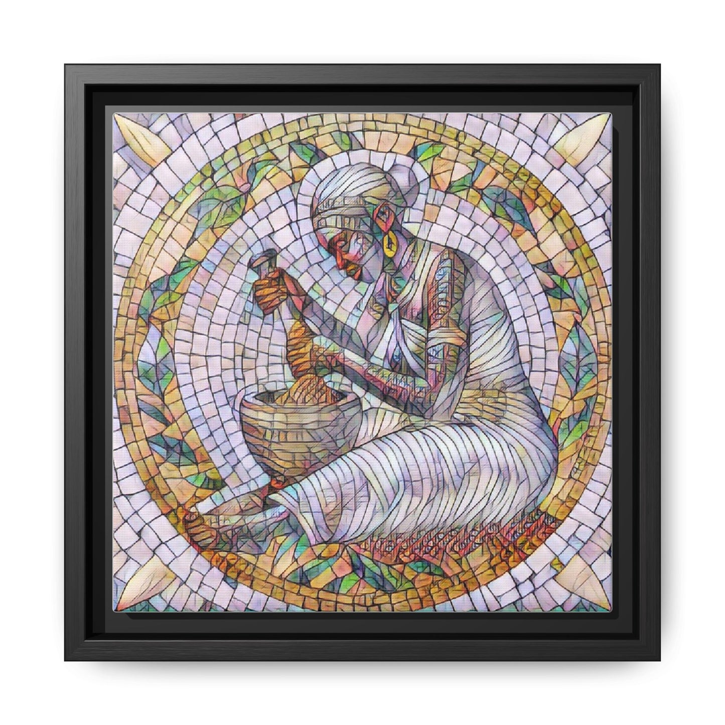 Framed Mosaic Art Print — Woman Grinding Grain (Matte Canvas)