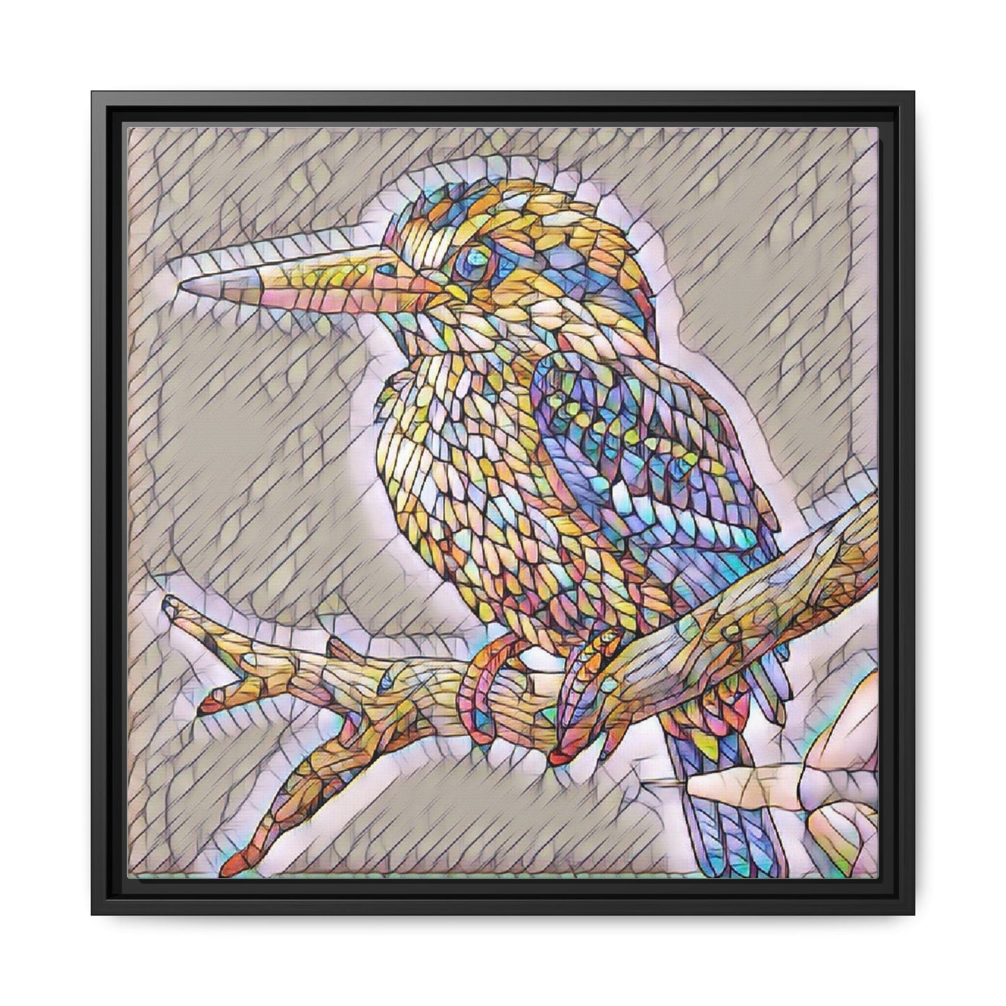 Colorful Kingfisher Framed Canvas Wall Art — Stained-Glass Style Bird Print