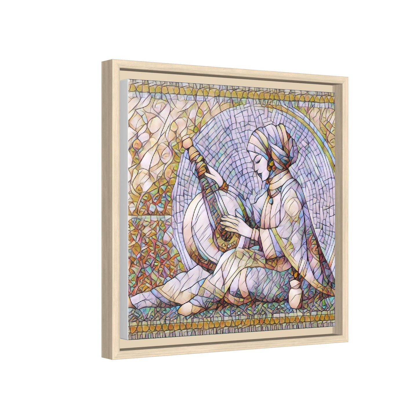 Framed Matte Canvas: Mosaic Lute Player Wall Art — Bohemian Musical Portrait