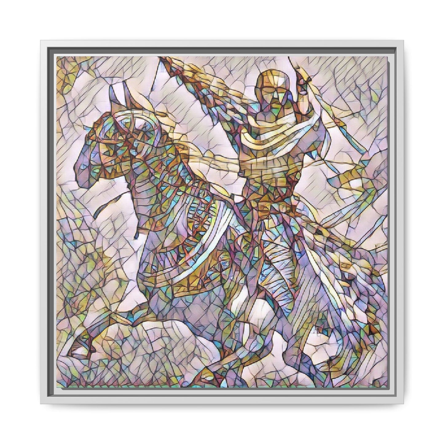 Framed Matte Canvas Print — Stained Glass Knight on Horse Artwork