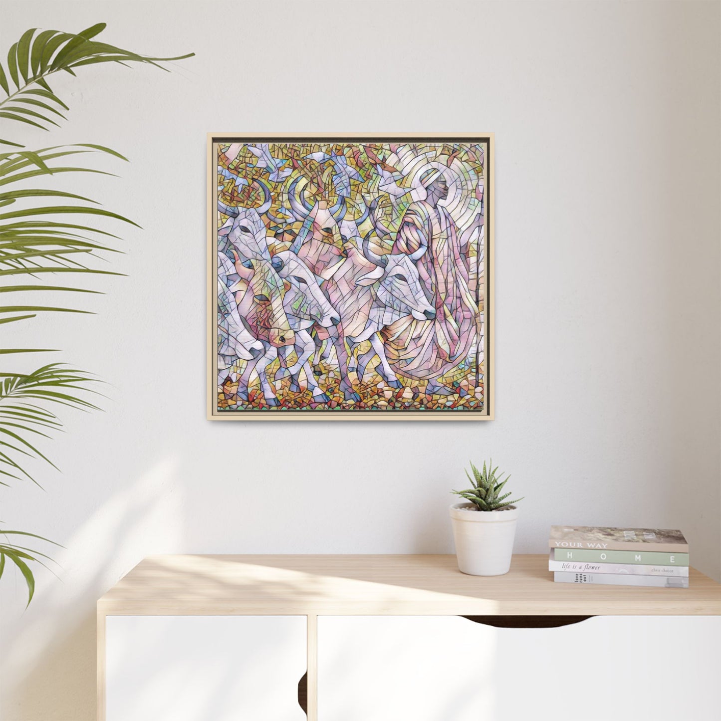 Framed Matte Canvas Art — Stained-Glass Style Cattle Herd