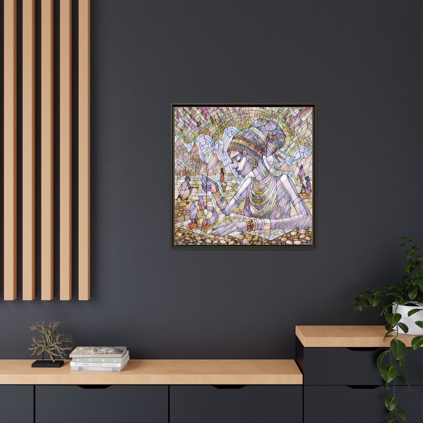 Framed Matte Canvas Art — Mosaic-Inspired Egyptian Woman Illustration