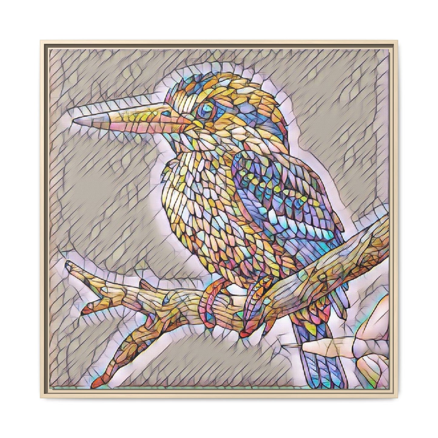 Colorful Kingfisher Framed Canvas Wall Art — Stained-Glass Style Bird Print