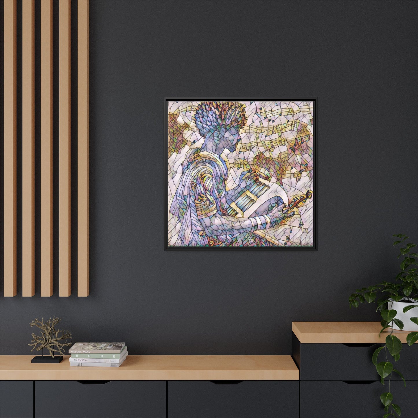 Abstract Jazz Musician Framed Canvas Art — Colorful Stained-Glass Style Wall Decor
