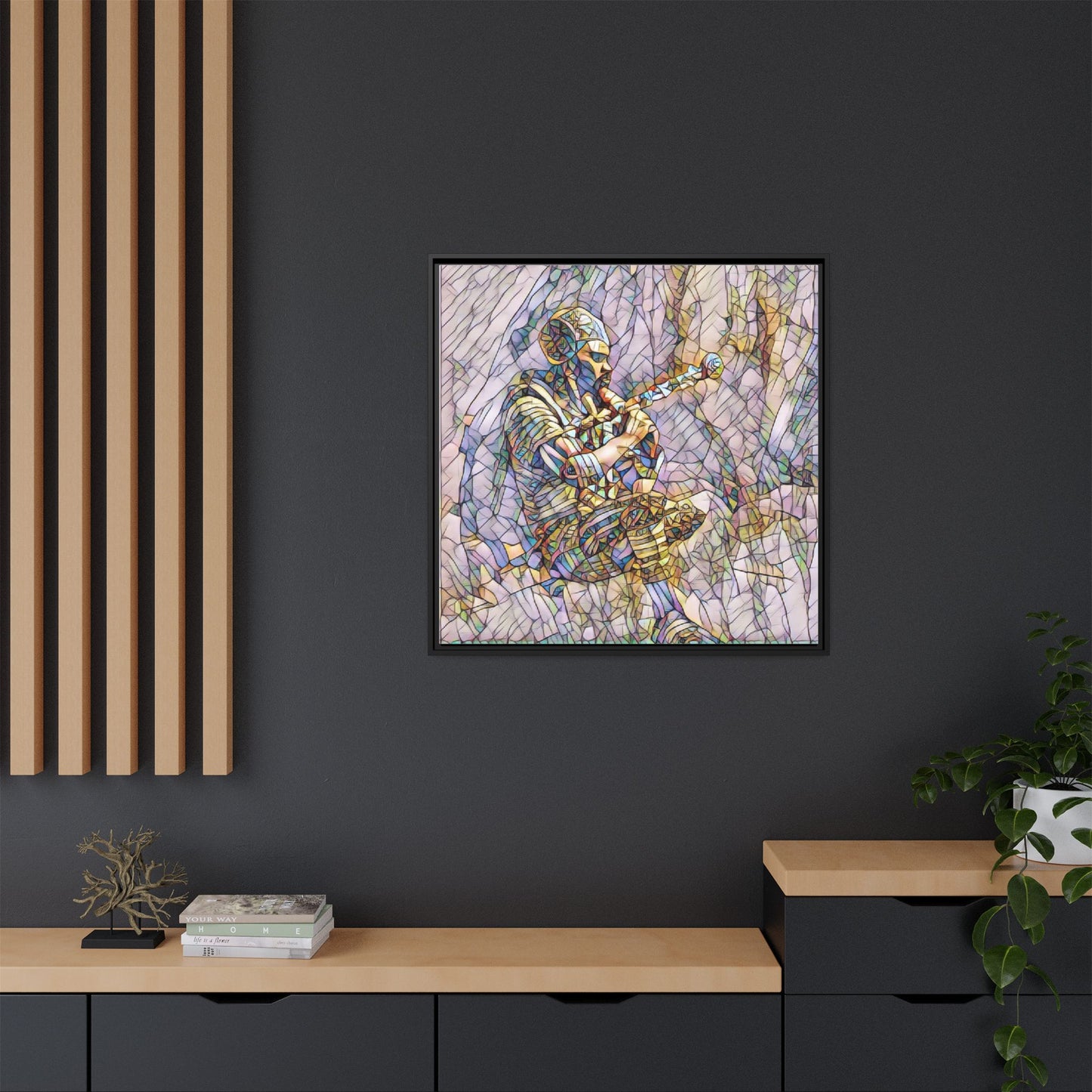 Celtic Piper Framed Matte Canvas — Stained-Glass Style Highland Bagpiper Art