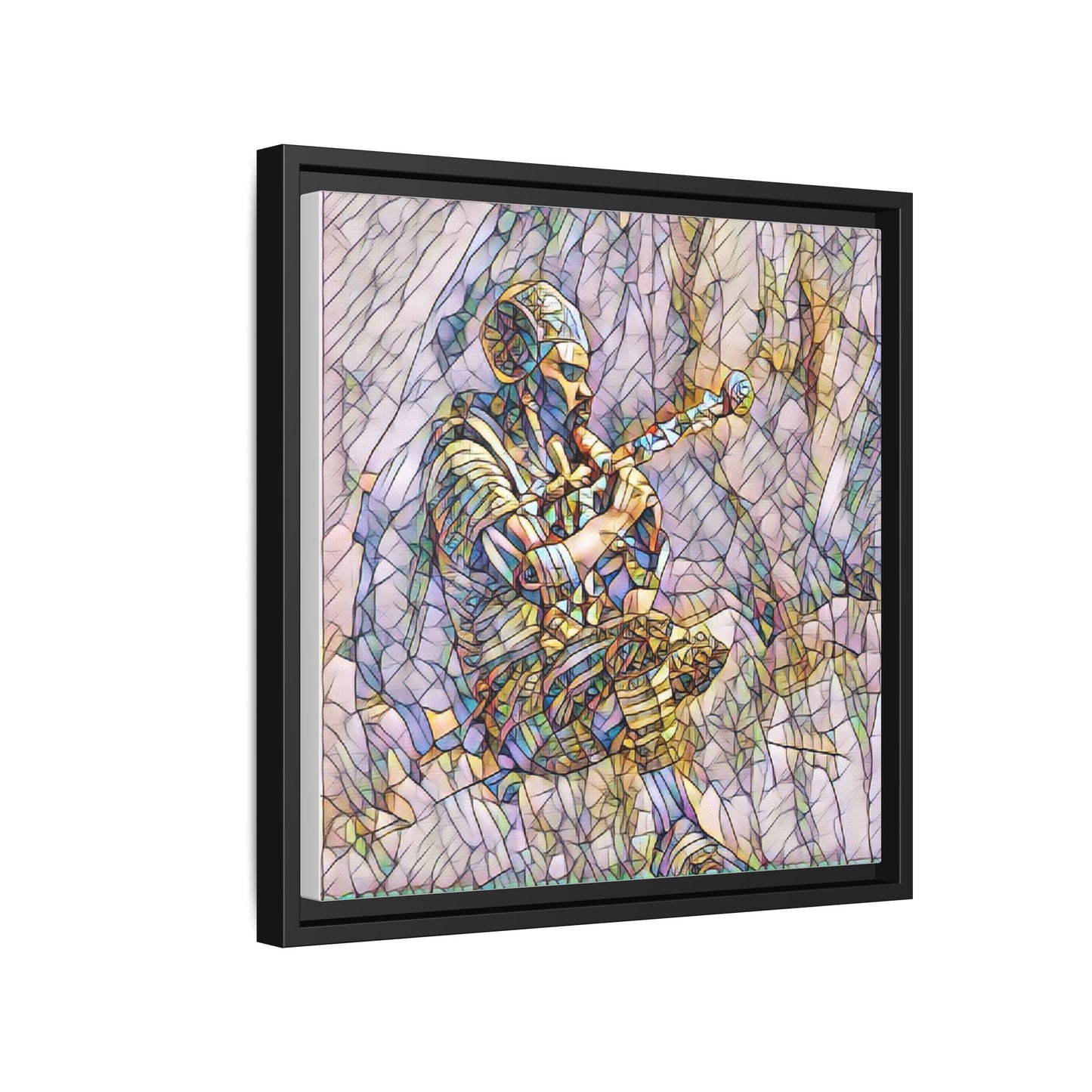 Celtic Piper Framed Matte Canvas — Stained-Glass Style Highland Bagpiper Art