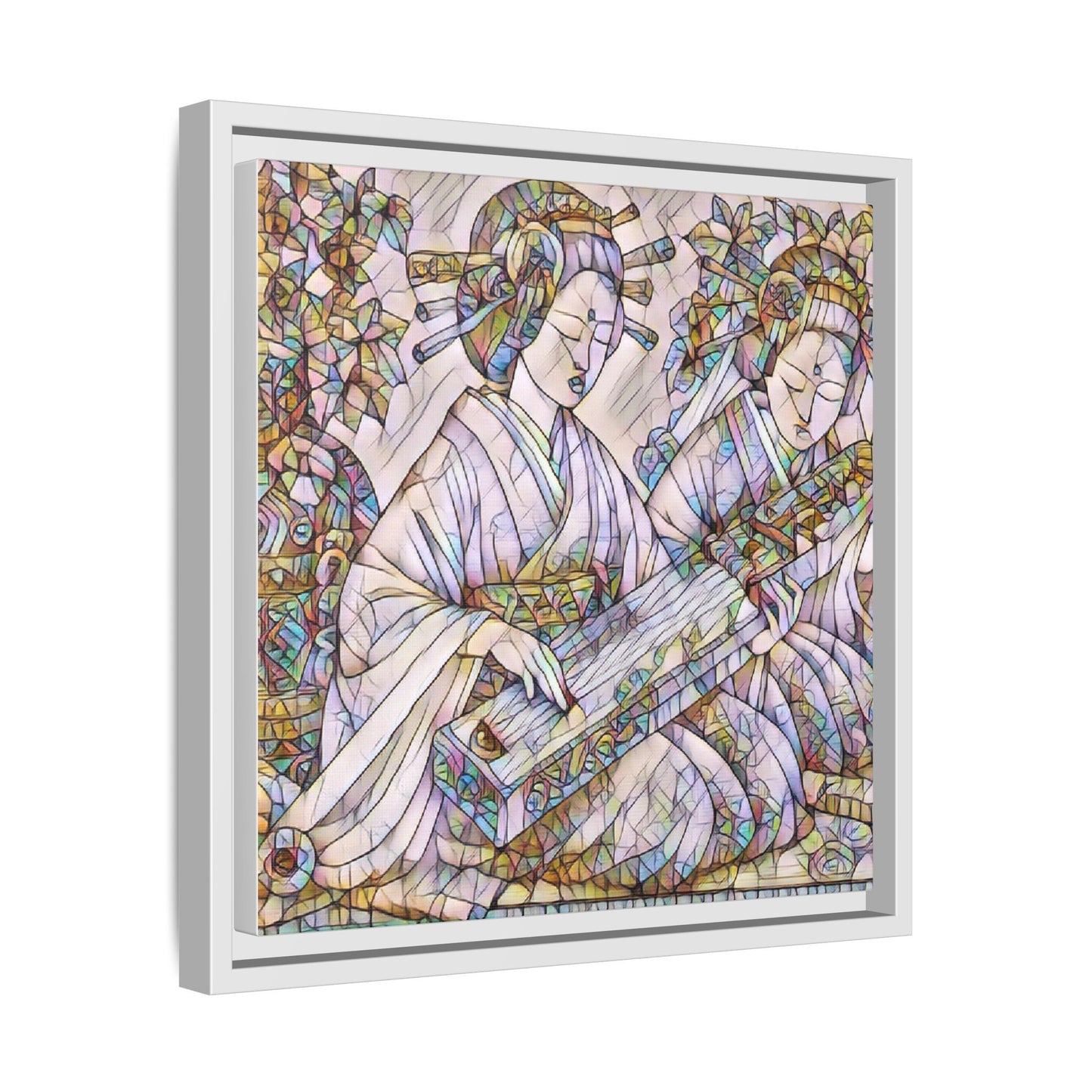 Framed Matte Canvas Print — Stained-Glass Geisha Duo