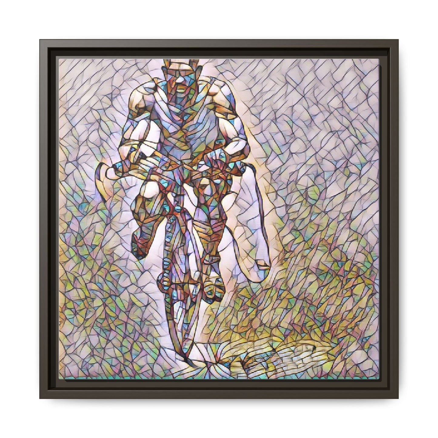 Cyclist Art Print — Framed Matte Canvas Wall Art (Multicolor Stained-Glass Style)