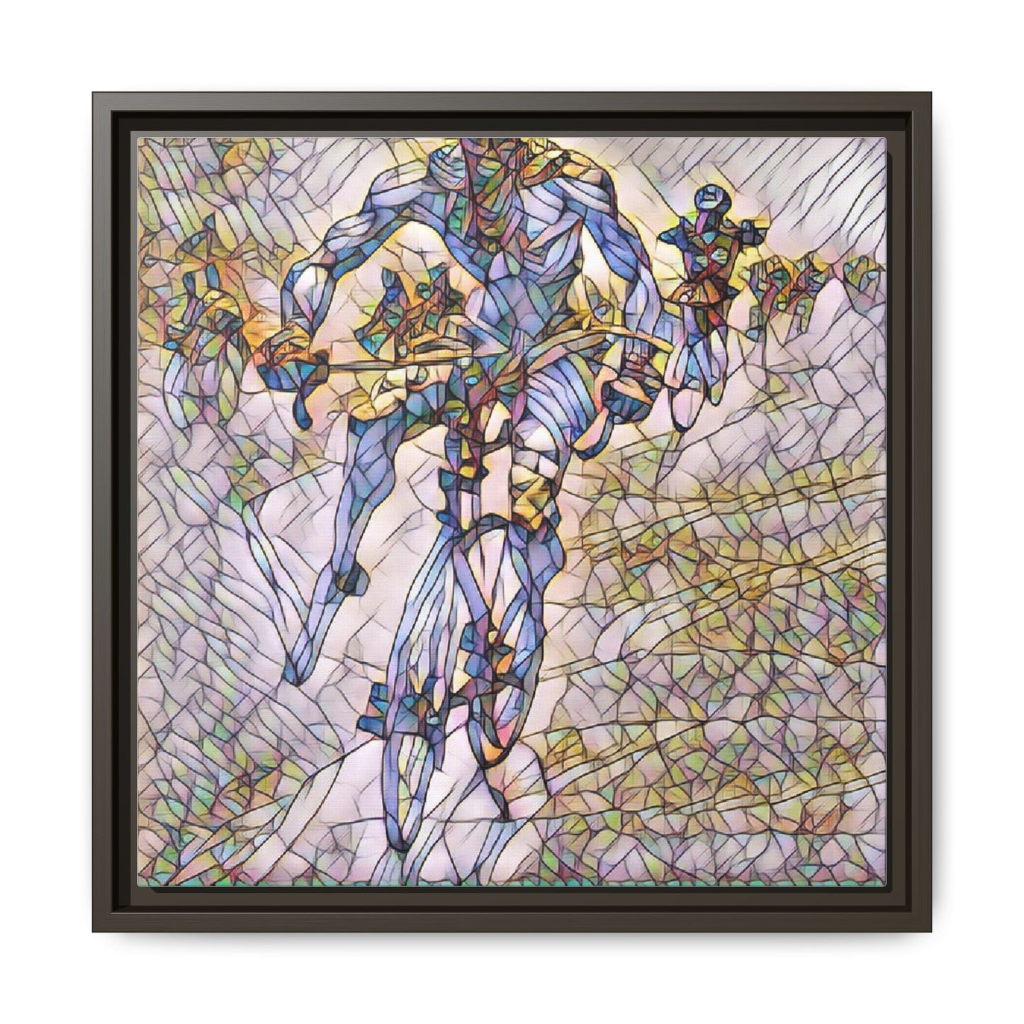 Abstract Cyclist Matte Canvas Framed Art — Colorful Stained-Glass Bike Print