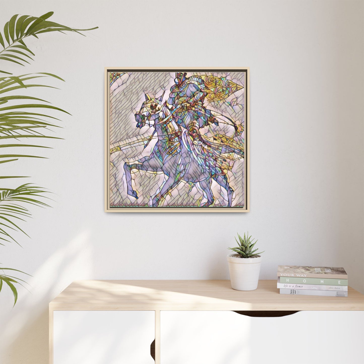 Framed Matte Canvas Art — Stained Glass Knight on Horse Fantasy Wall Decor