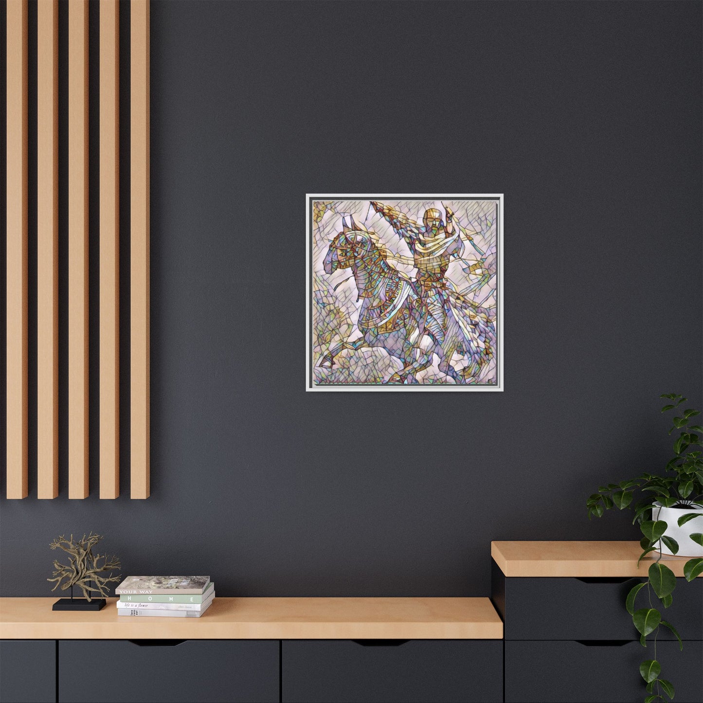 Framed Matte Canvas Print — Stained Glass Knight on Horse Artwork