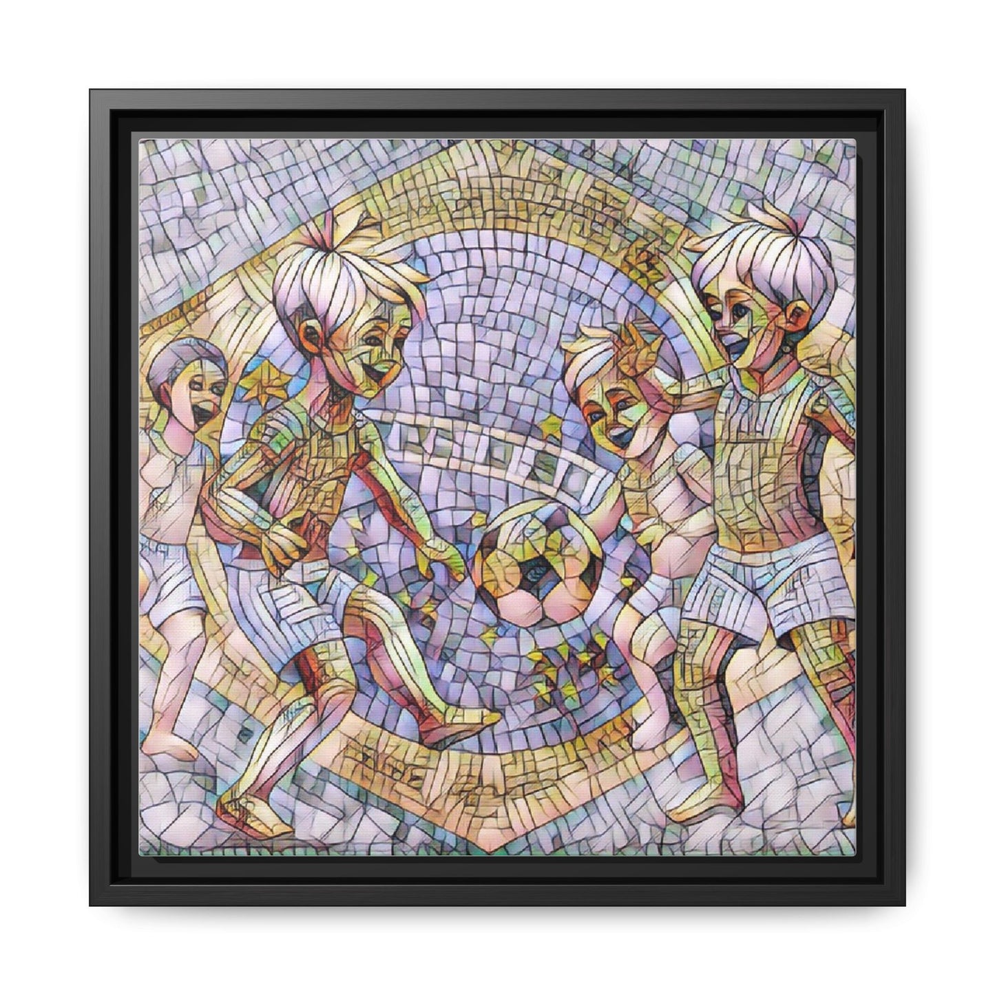 Framed Matte Canvas – Vintage Mosaic Kids Playing Soccer Art