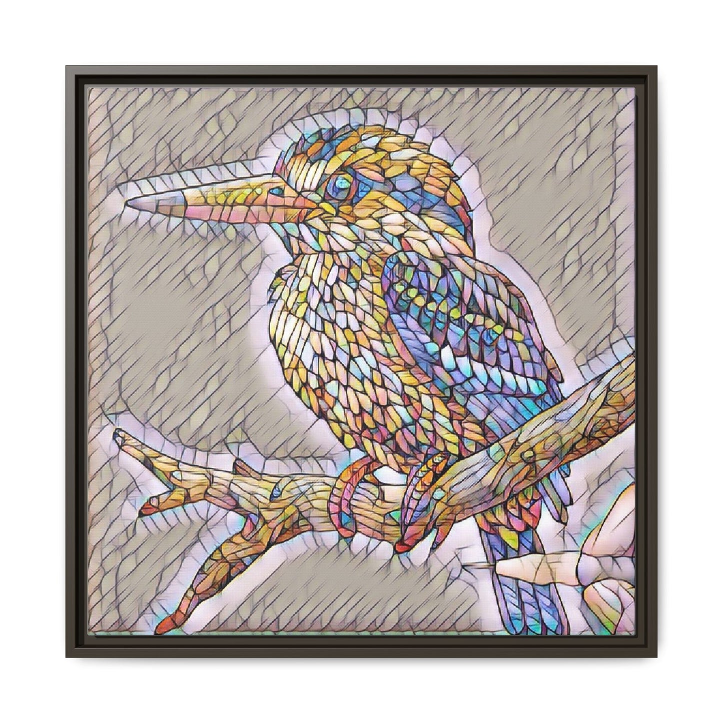 Colorful Kingfisher Framed Canvas Wall Art — Stained-Glass Style Bird Print