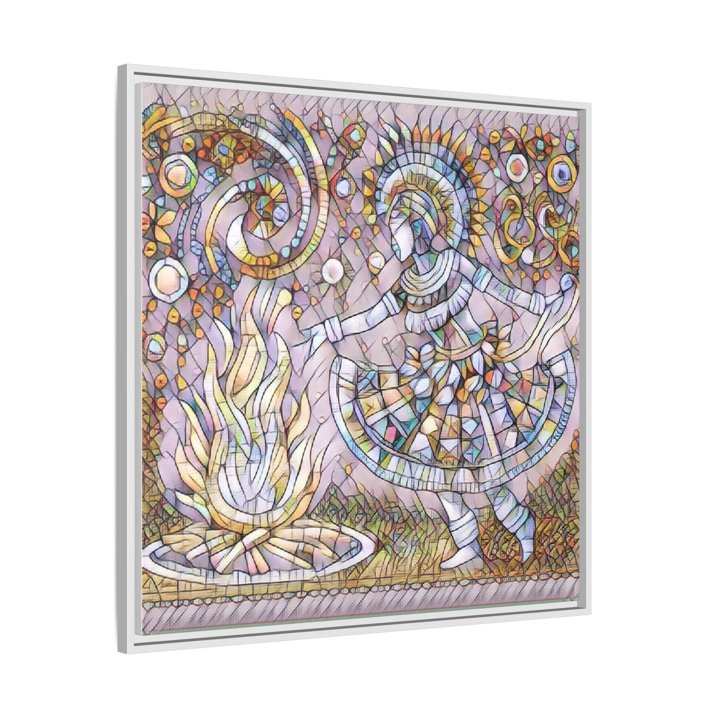 Bohemian Fire Dancer Framed Canvas Art — Colorful Folk Mosaic Wall Decor