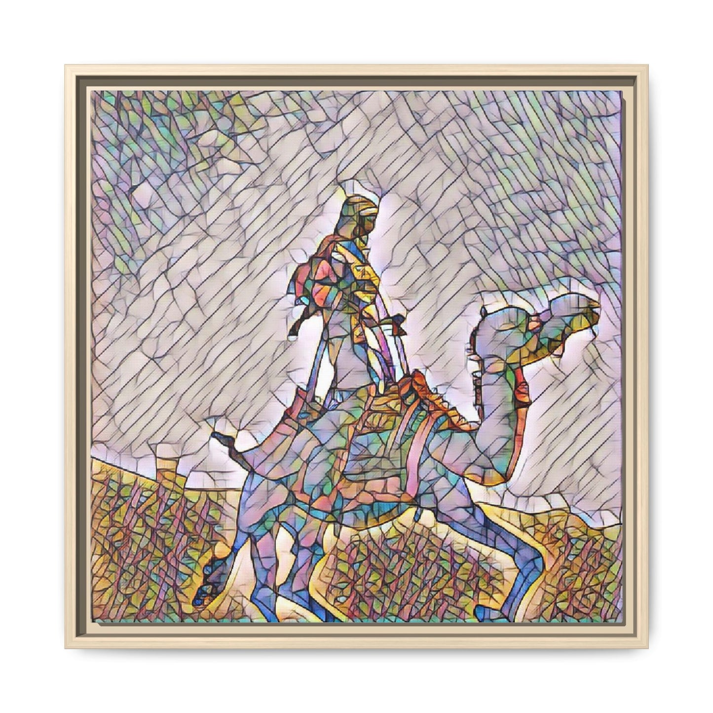 Framed Camel Rider Matte Canvas Art — Colorful Mosaic Desert Wall Decor