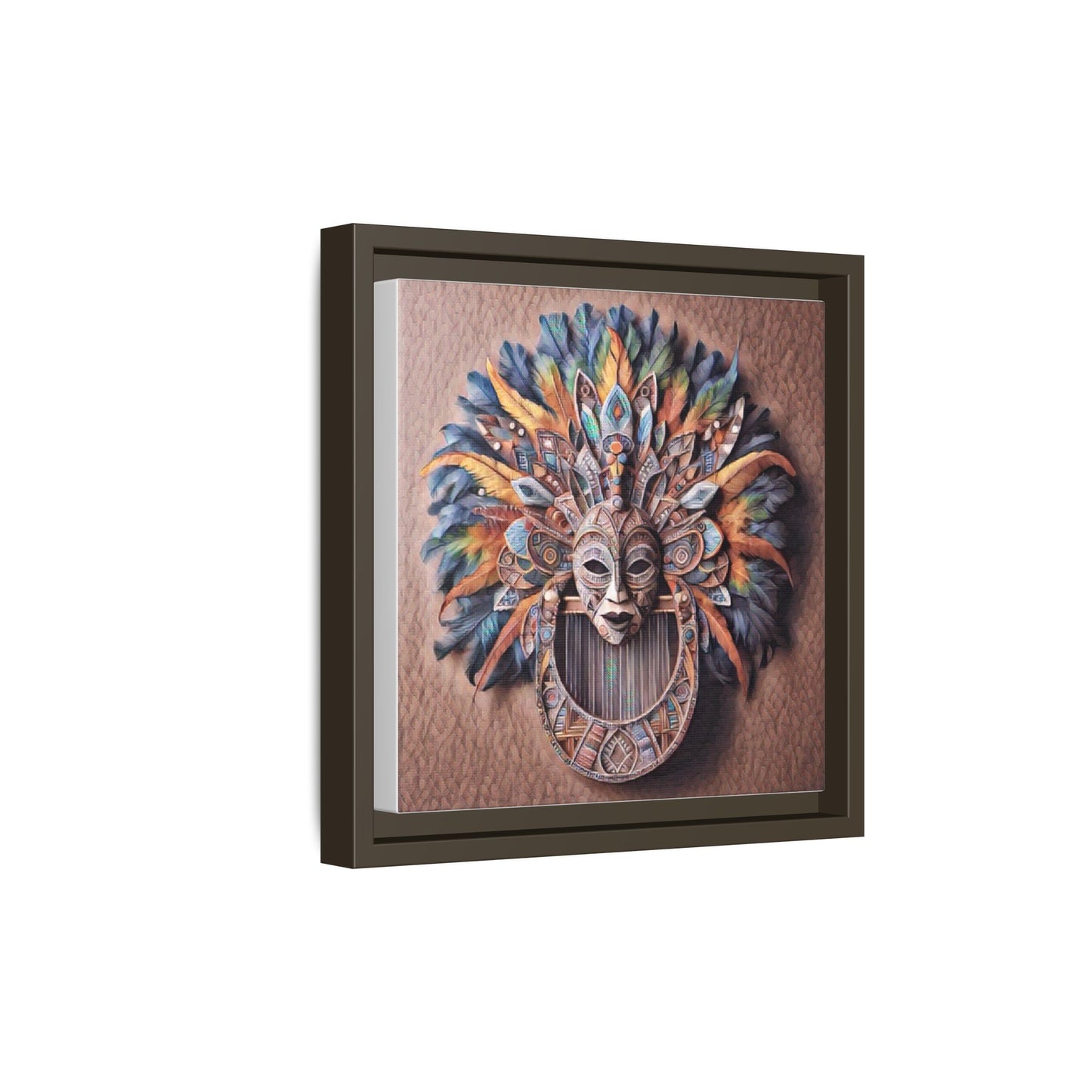 Tribal Feather Mask Framed Canvas Wall Art — Colorful Boho Decorative Print