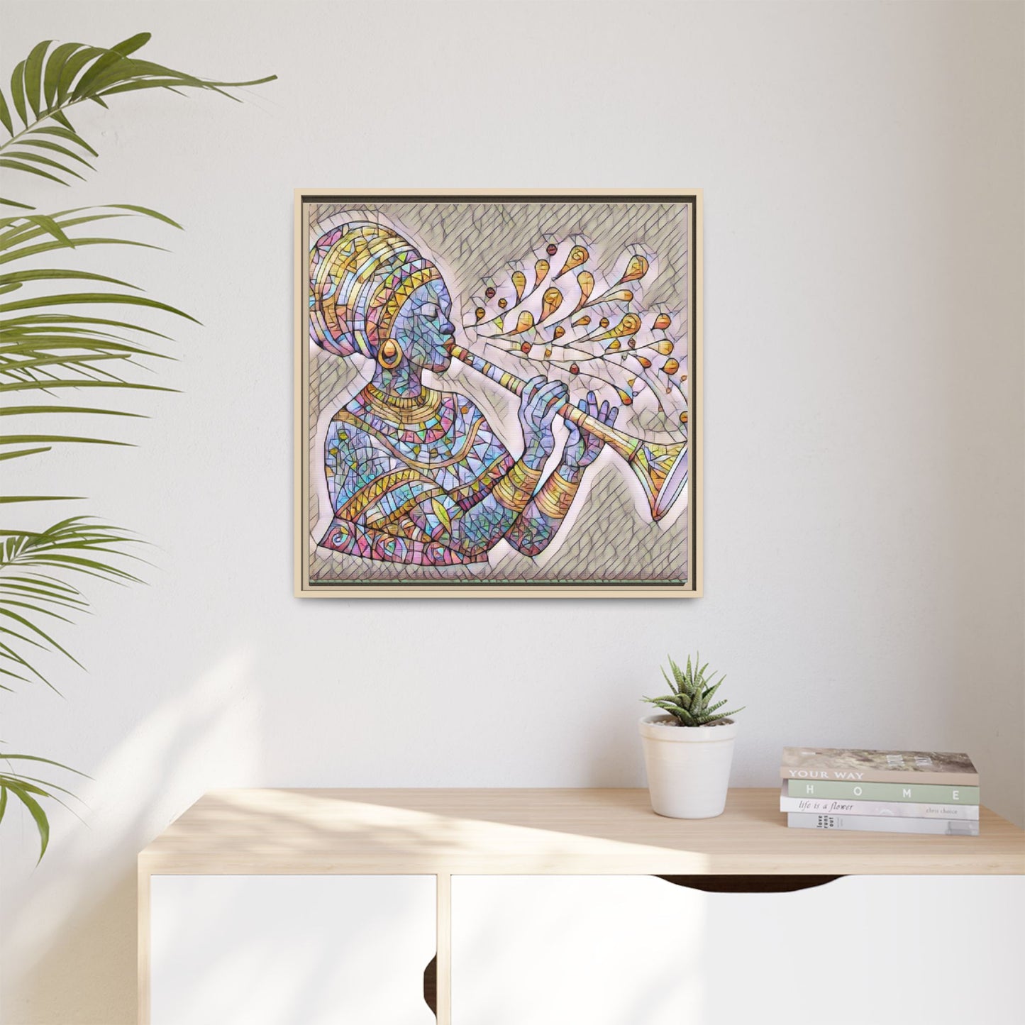 Framed Matte Canvas Art – Colorful African Musician Trumpet Print
