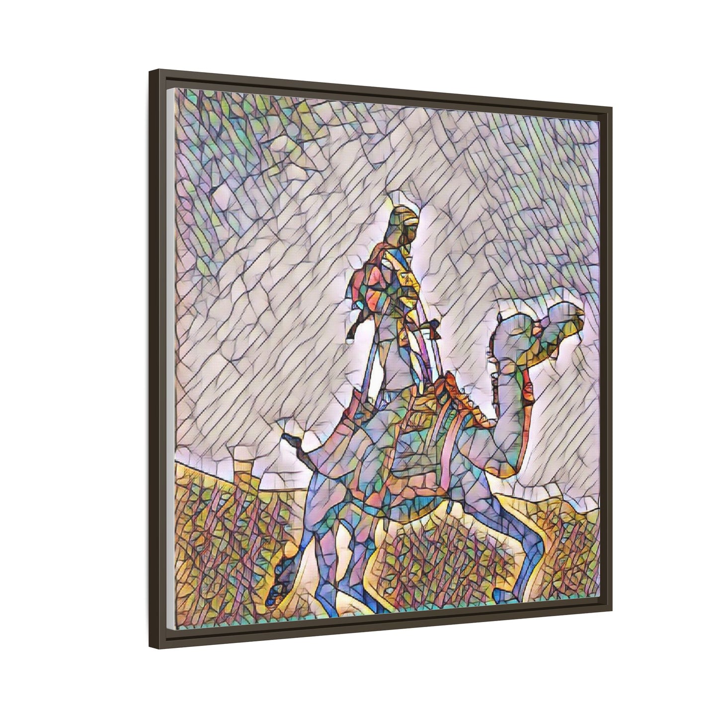 Framed Camel Rider Matte Canvas Art — Colorful Mosaic Desert Wall Decor