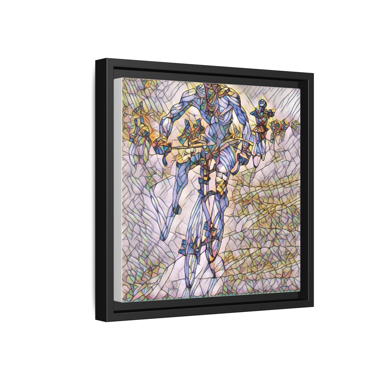 Abstract Cyclist Matte Canvas Framed Art — Colorful Stained-Glass Bike Print