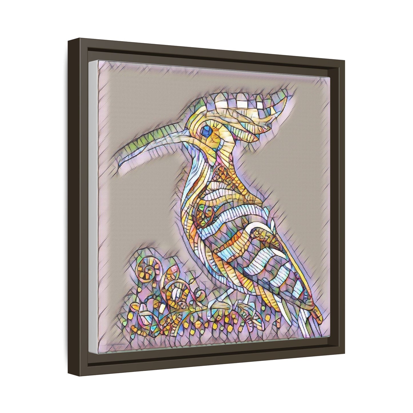 Colorful Mosaic Bird Framed Canvas Art — Whimsical Hoopoe Wall Decor