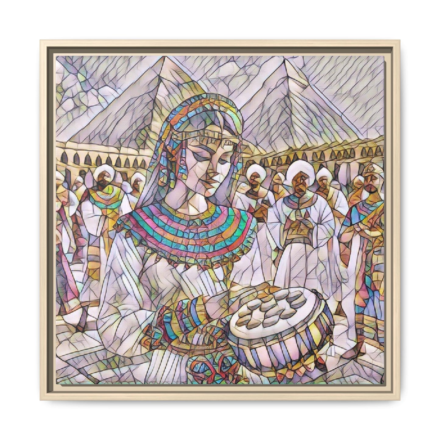 Egyptian Drum Player Framed Canvas Art — Colorful Ancient Scene Wall Decor