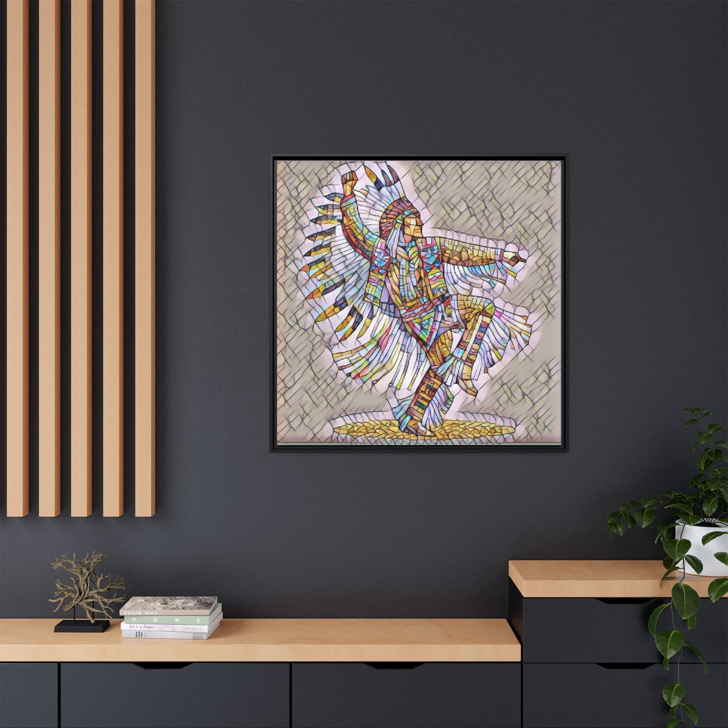 Colorful Native Dancer Framed Canvas Art — Stained Glass Style Wall Decor