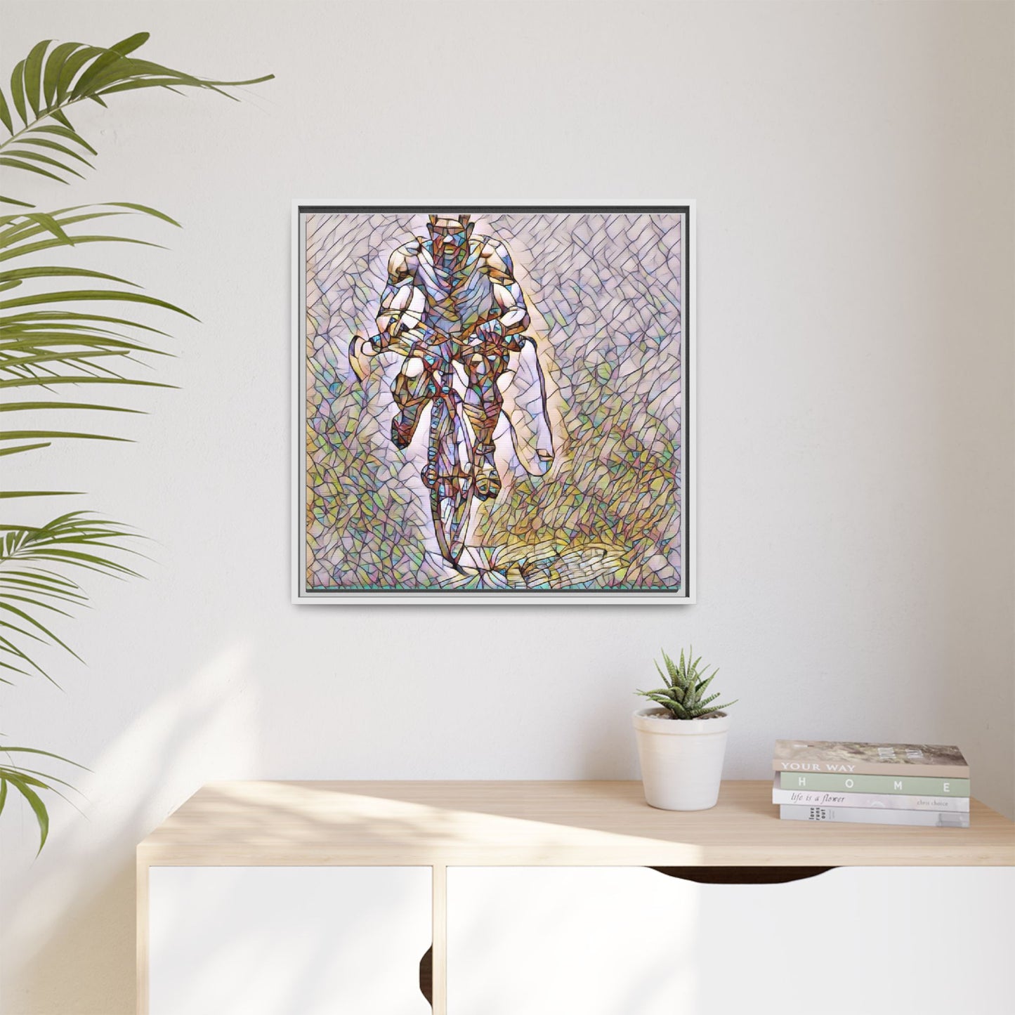 Cyclist Art Print — Framed Matte Canvas Wall Art (Multicolor Stained-Glass Style)