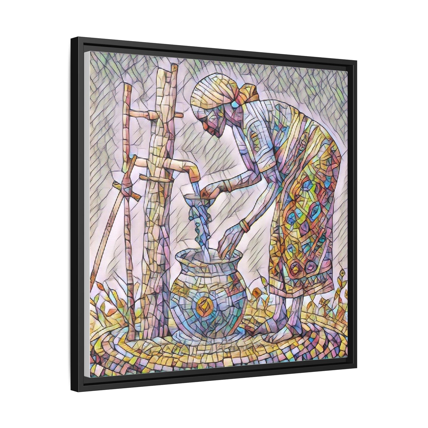 Framed Matte Canvas Art — Colorful Mosaic Woman at Well