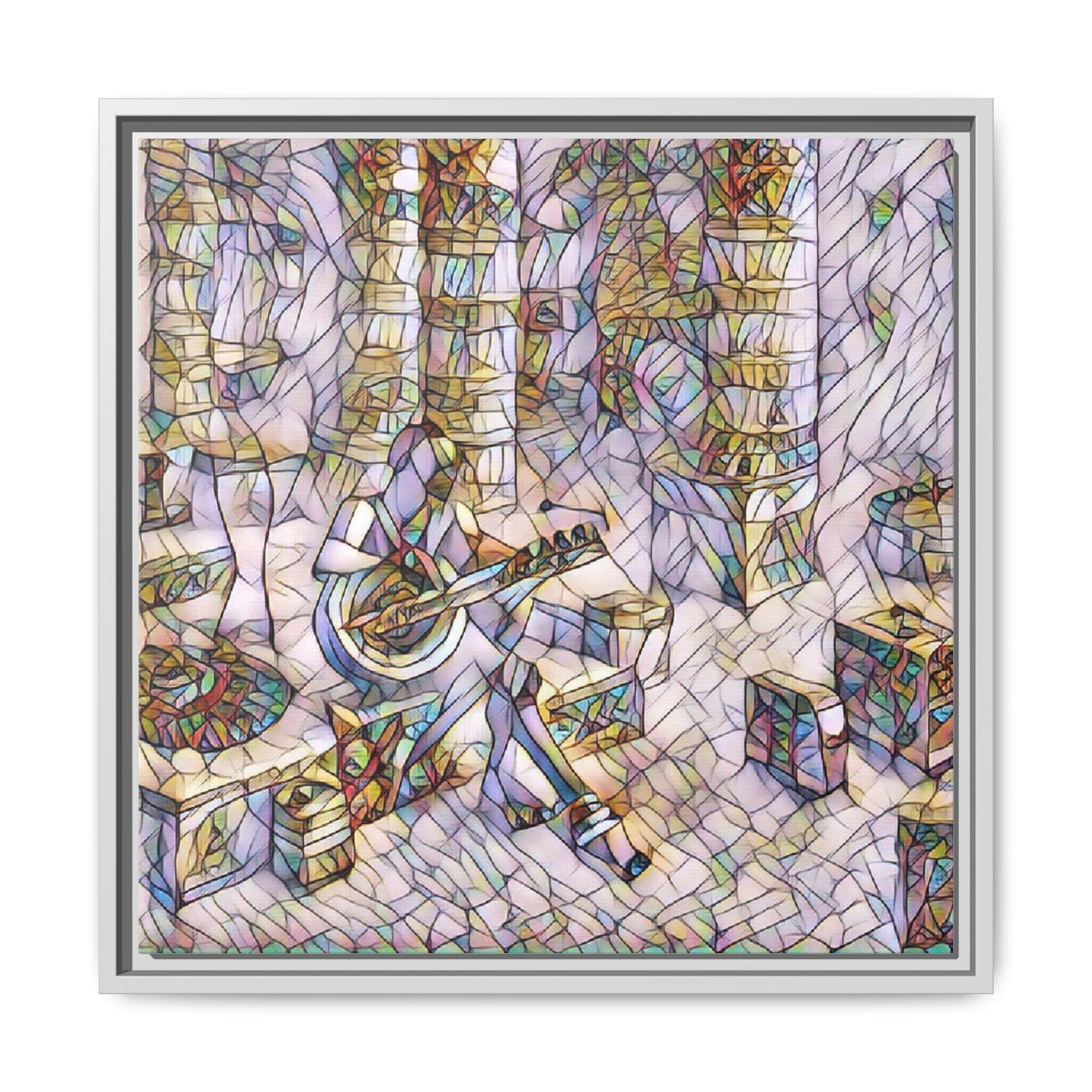 Framed Matte Canvas Art - Abstract Guitarist in Colorful Mosaic