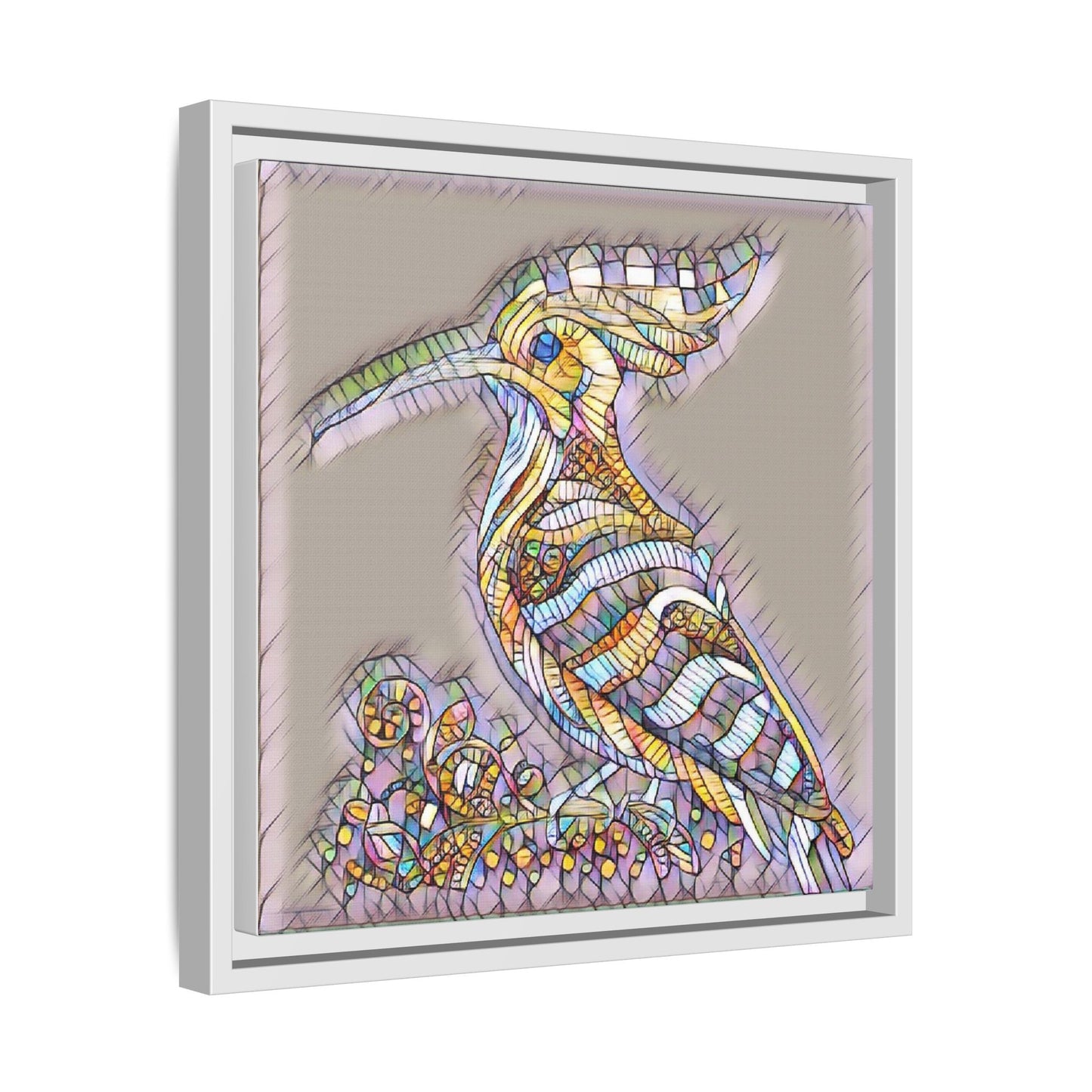 Colorful Mosaic Bird Framed Canvas Art — Whimsical Hoopoe Wall Decor