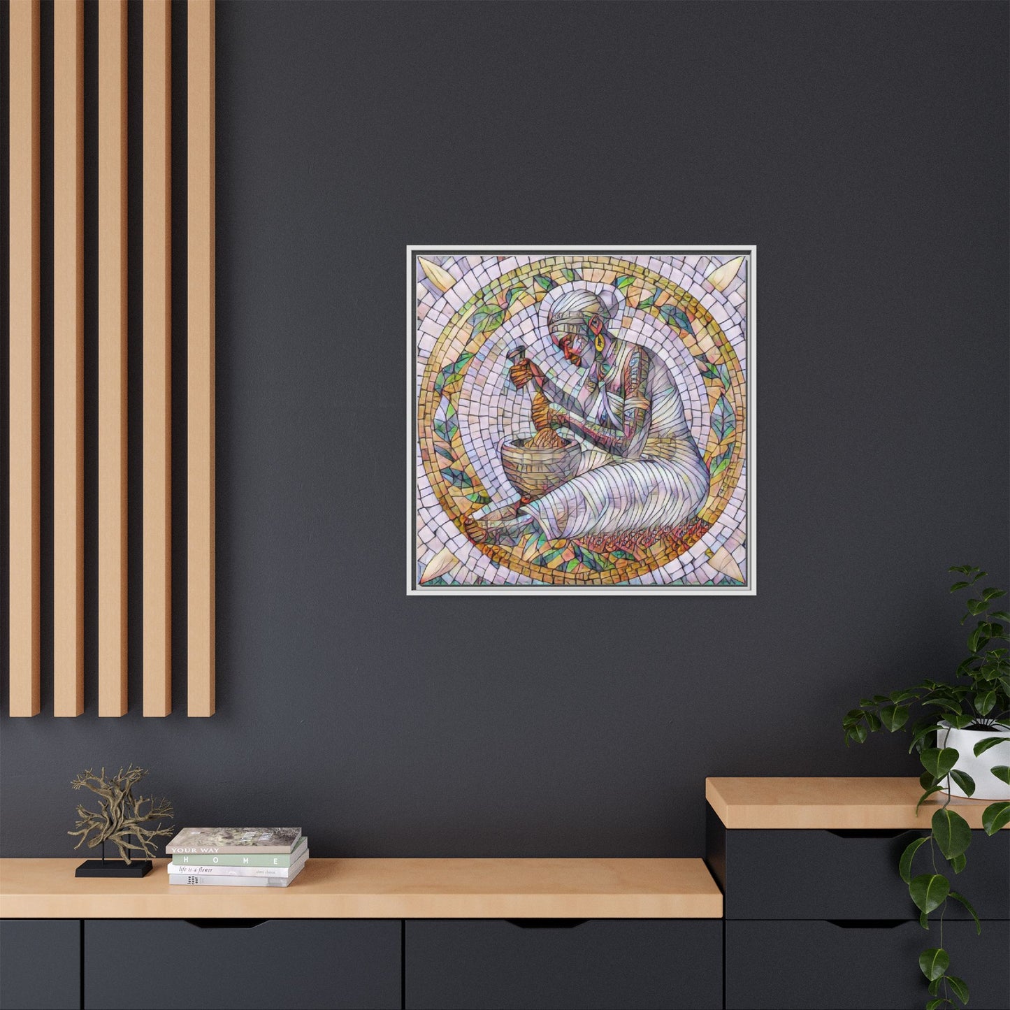 Framed Mosaic Art Print — Woman Grinding Grain (Matte Canvas)