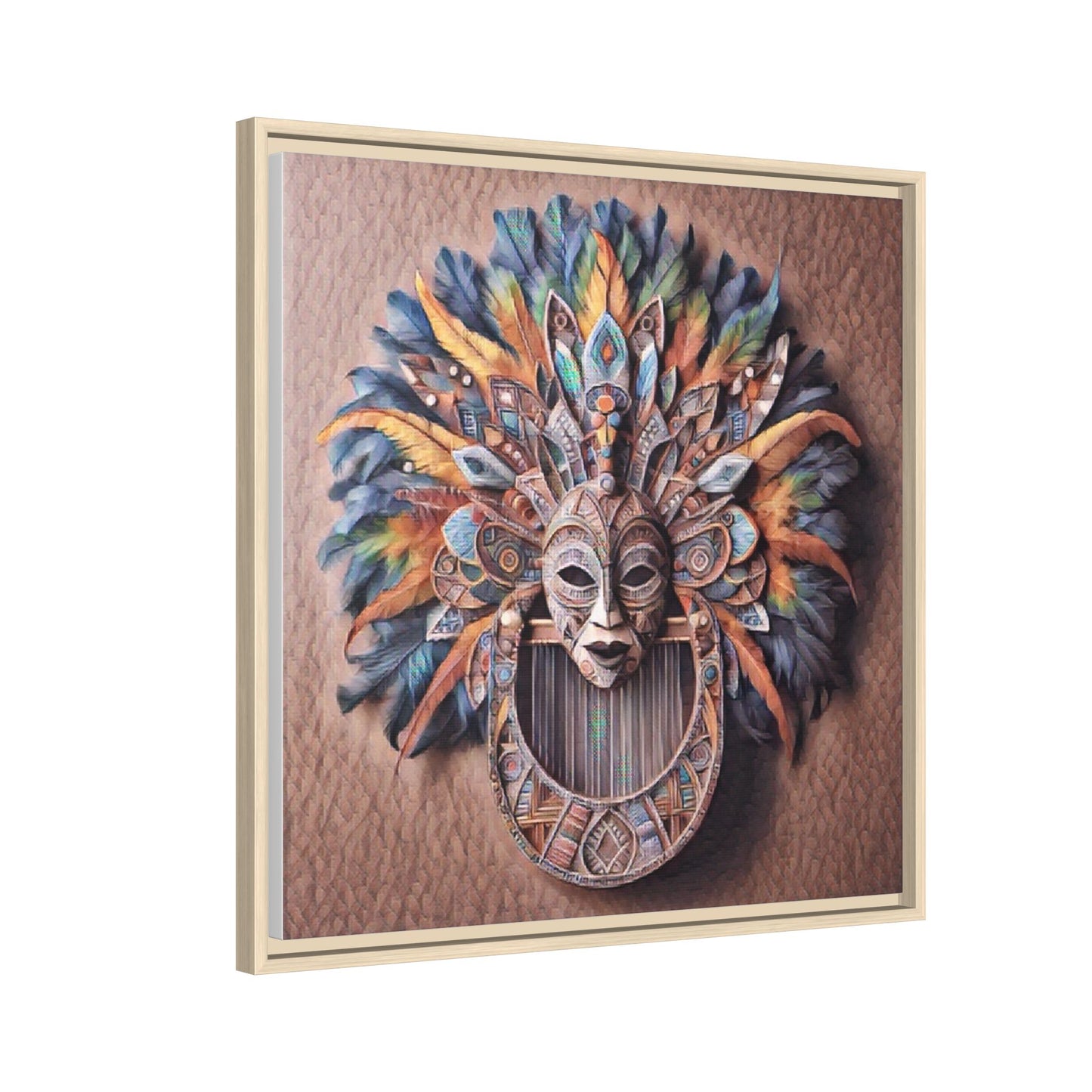 Tribal Feather Mask Framed Canvas Wall Art — Colorful Boho Decorative Print