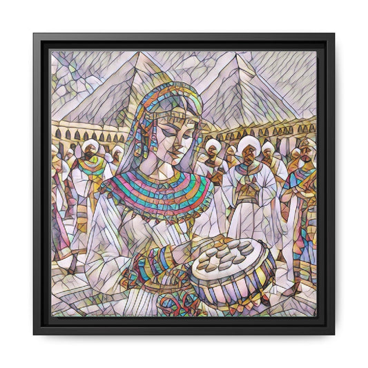 Egyptian Drum Player Framed Canvas Art — Colorful Ancient Scene Wall Decor