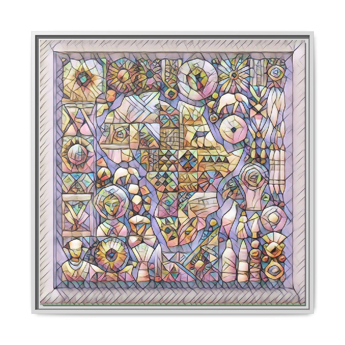 Framed Abstract Mosaic Matte Canvas Art — Pastel Geometric Wall Decor